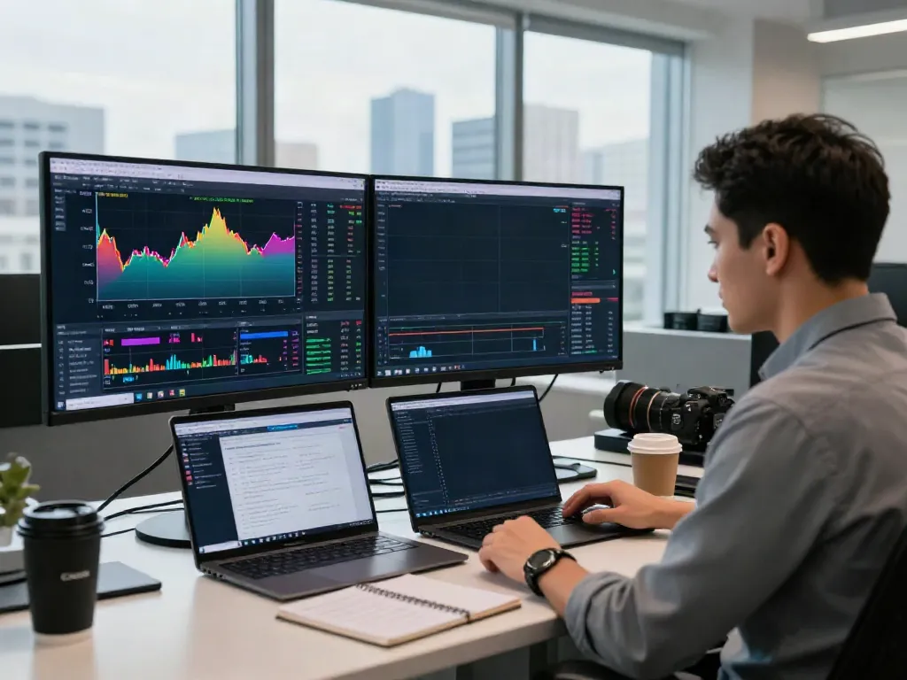 Trader using MetaTrader 5 in a modern financial office setup with dual screens.