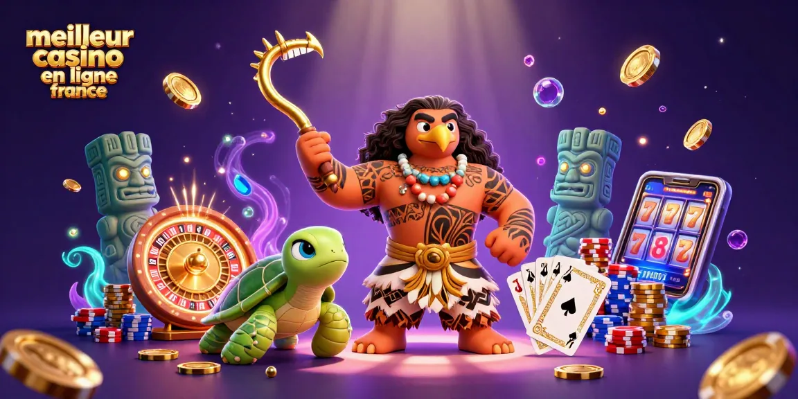 Illustration captivante de "meilleur casino en ligne France" mettant en scène un dieu demi-homme polynésien avec des éléments de jeux captivants.