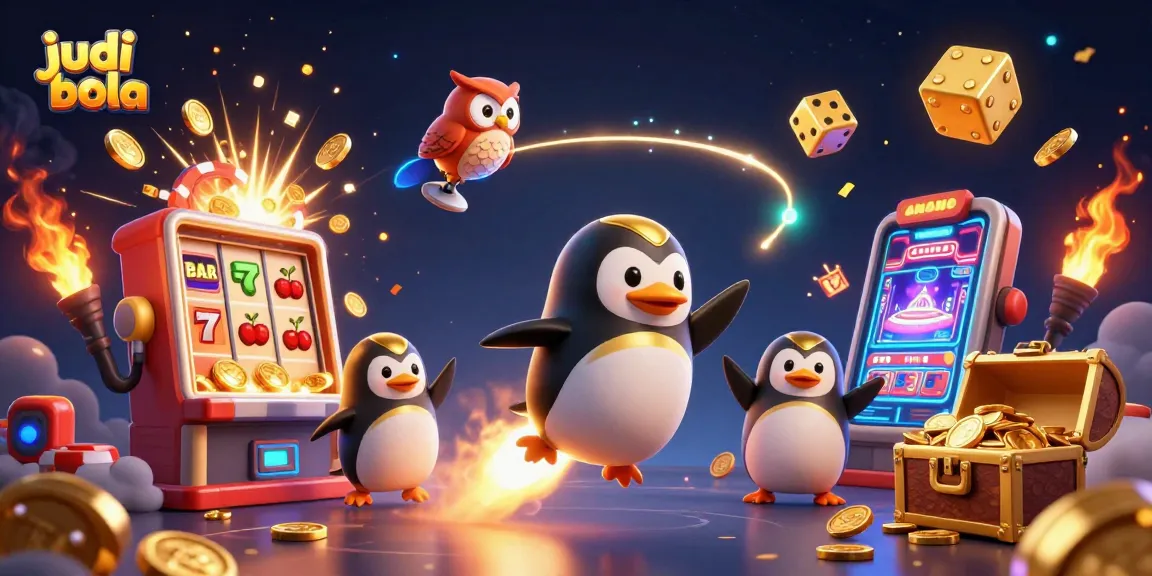 Engage in judi bola with a dynamic 3D scene of a rocket-powered penguin and casino elements.