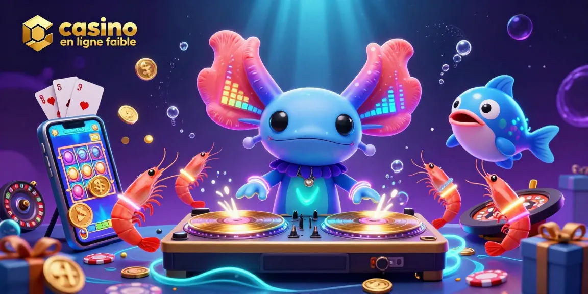 Animation dynamique de casino en ligne fiable, avec un DJ axolotl et des éléments de jeu sous-marins.