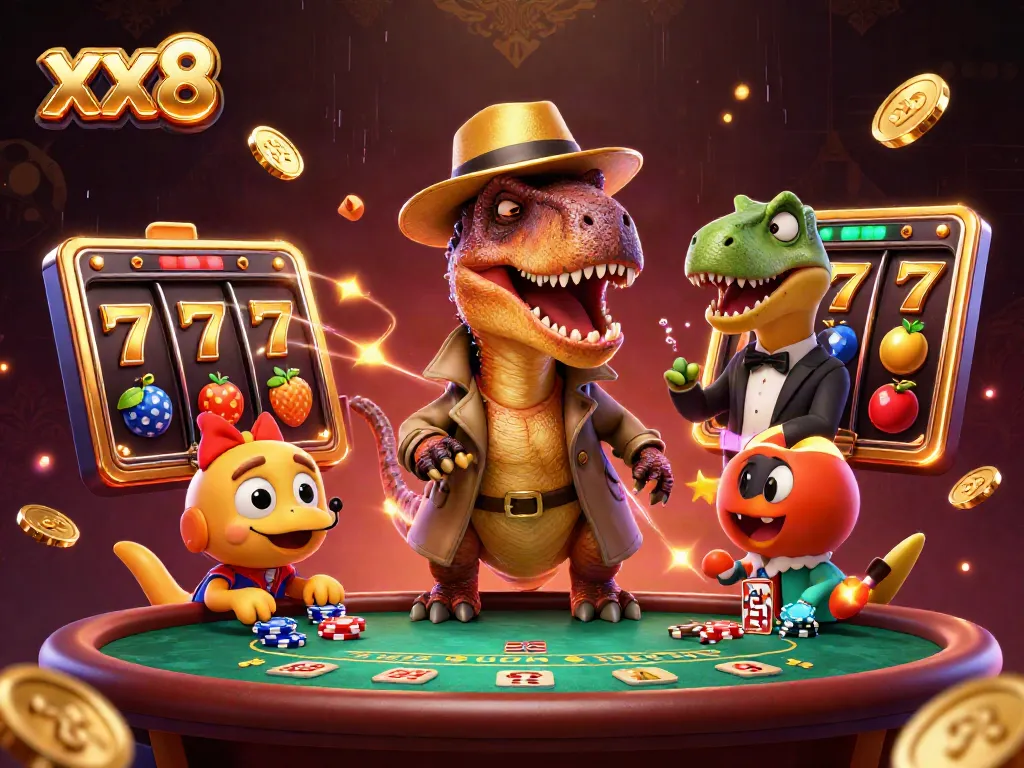 xx8 velociraptor card counter at the casino table sneaks chips while stegosaurus pit boss oversees.