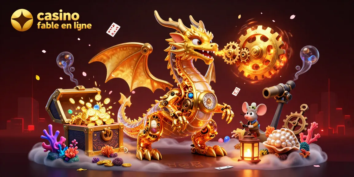 Illustration 3D de dragon doré mécanique pour casino fiable en ligne avec trésor et cartes volantes.