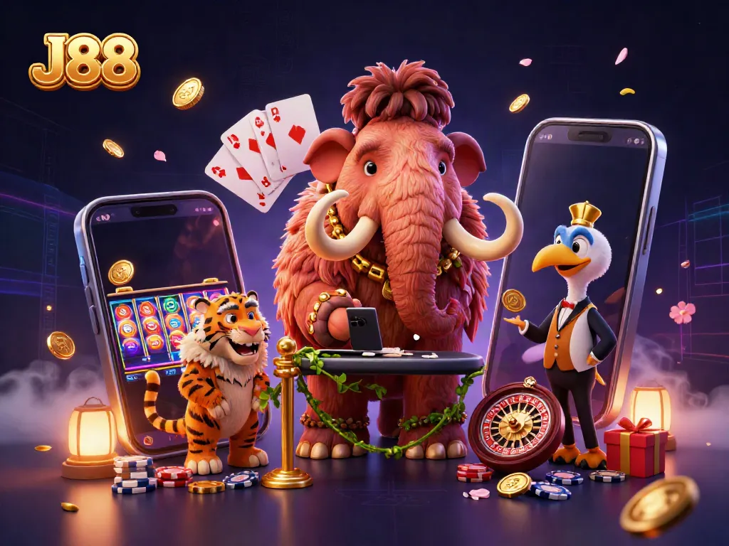 Engaging scene showcasing J88 with a woolly mammoth bouncer, VIP saber-tooth tiger, and dodo doorman in a vibrant casino setting.