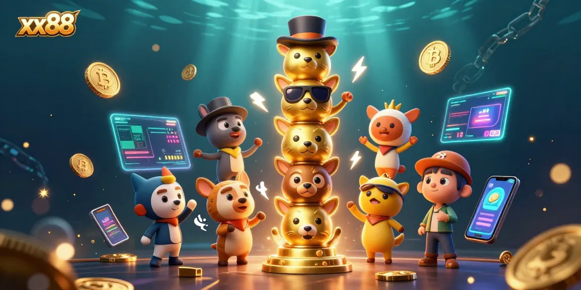 Engage in exciting gameplay at xx88 with vibrant casino totem characters and cryptocurrency elements.