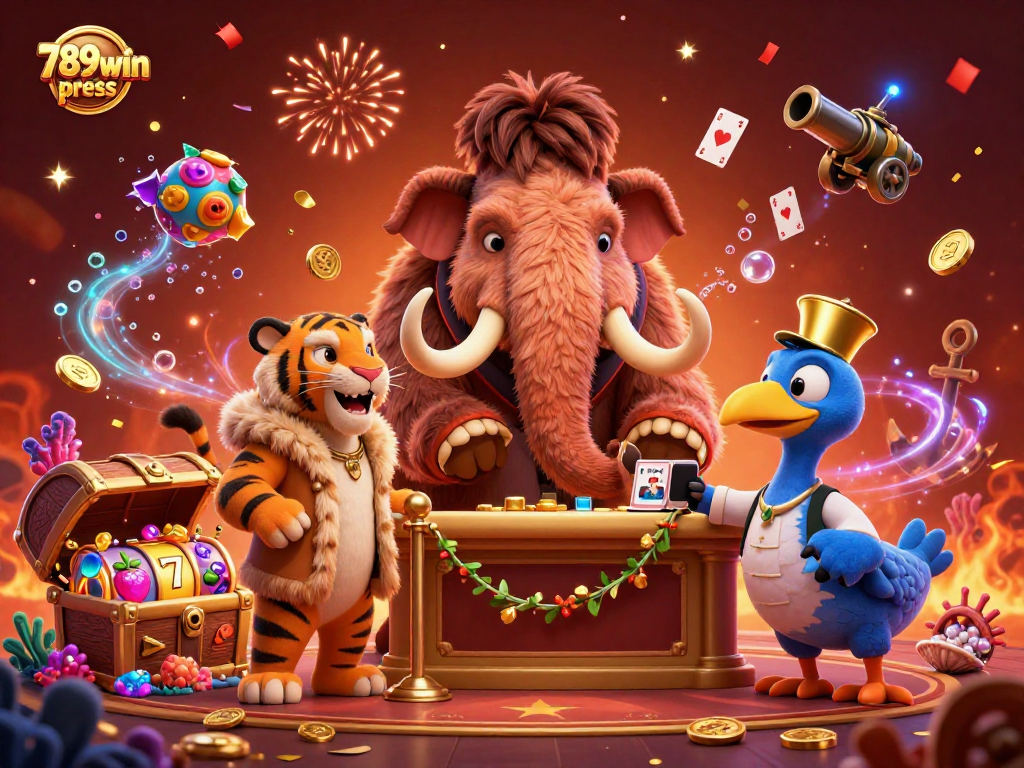 Engage with exciting slots at 789win press amidst an electrifying casino scene featuring vibrant characters and treasures.