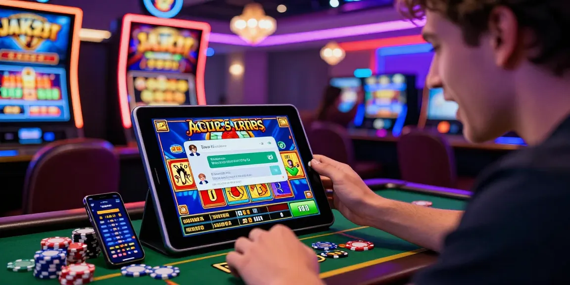 Pemain slot gacor yang bersemangat bermain game slot online dengan suasana kasino yang neon dan meriah.