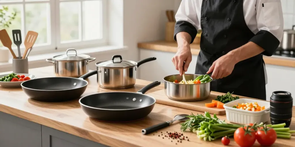 Explore diverse CookWare Price in Bangladesh with vibrant cookware types in a modern kitchen setting.