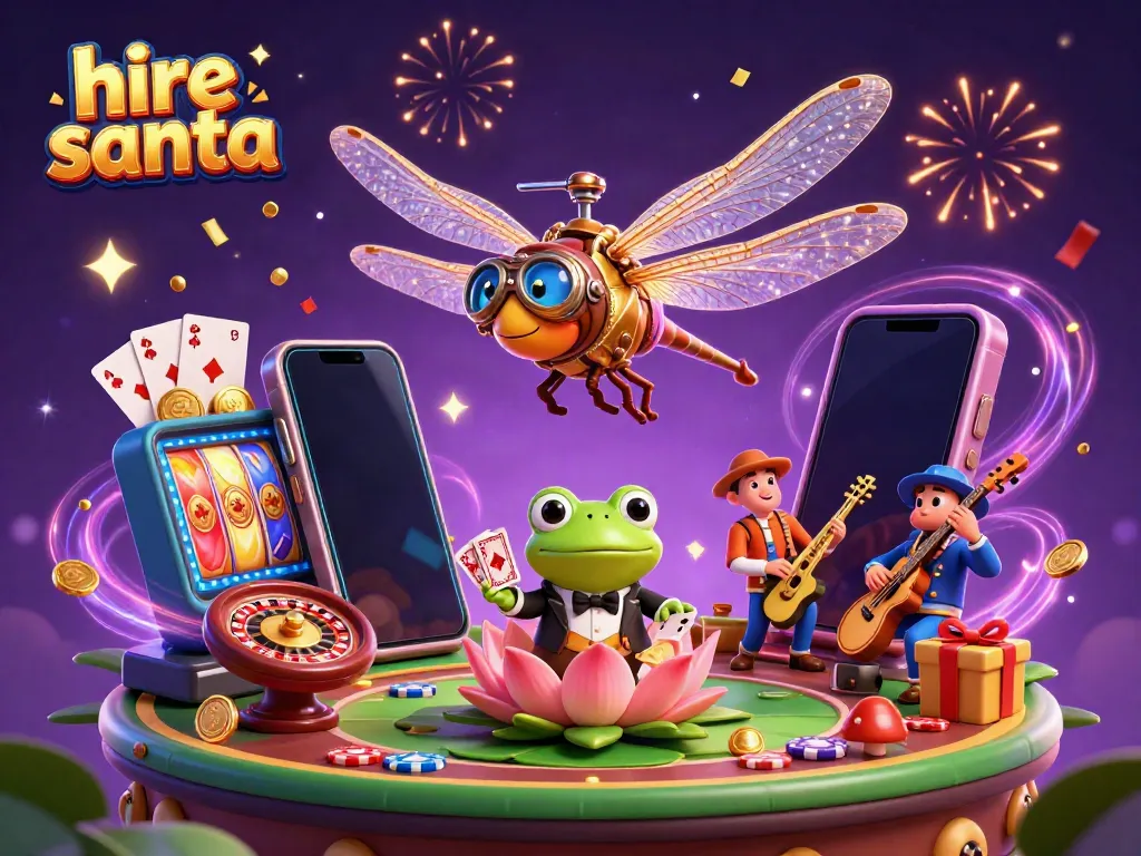 Hire Santa while experiencing vibrant casino excitement with a 3D dragonfly pilot, frog dealer, and festive decorations.