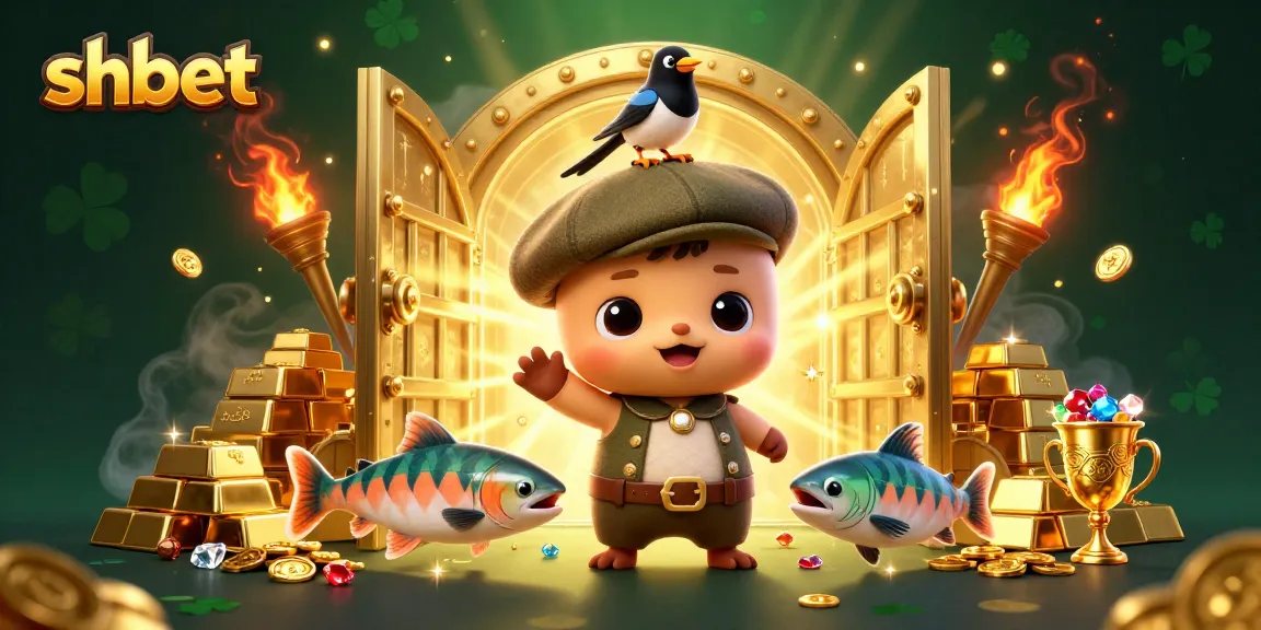 Experience the thrill of shbet gaming with vibrant characters and golden treasures in this lively illustration.