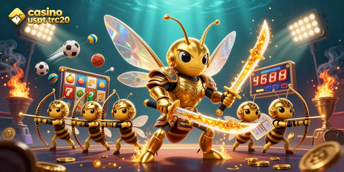 Gioca nei casino usdt trc20 con un'immagine vivace di un'illustrazione tridimensionale di un'ape samurai e simboli di gioco.