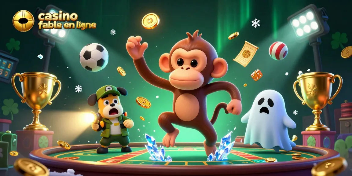 Visualisez un casino fiable en ligne avec un singe poltergeist jouant avec des pièces d'or dans un décor animé.
