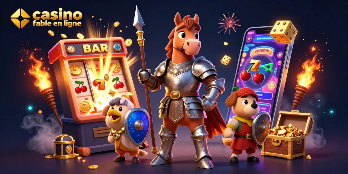 Plongez dans un monde de jeu avec casino fiable en ligne, représentant un chevalier et un cheval jouant à des machines à sous riches en détail.