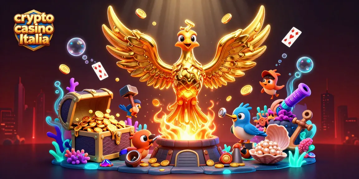 Gioca nei migliori crypto casino Italia con il phoenix dorato e tesori sottomarini in un'illustrazione vibrante.