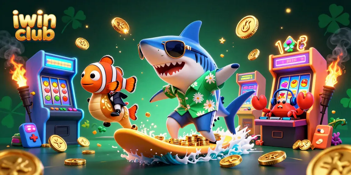Experience thrilling adventures with iwin club in this dynamic casino-themed illustration featuring a playful shark, seahorse, and DJ crab.
