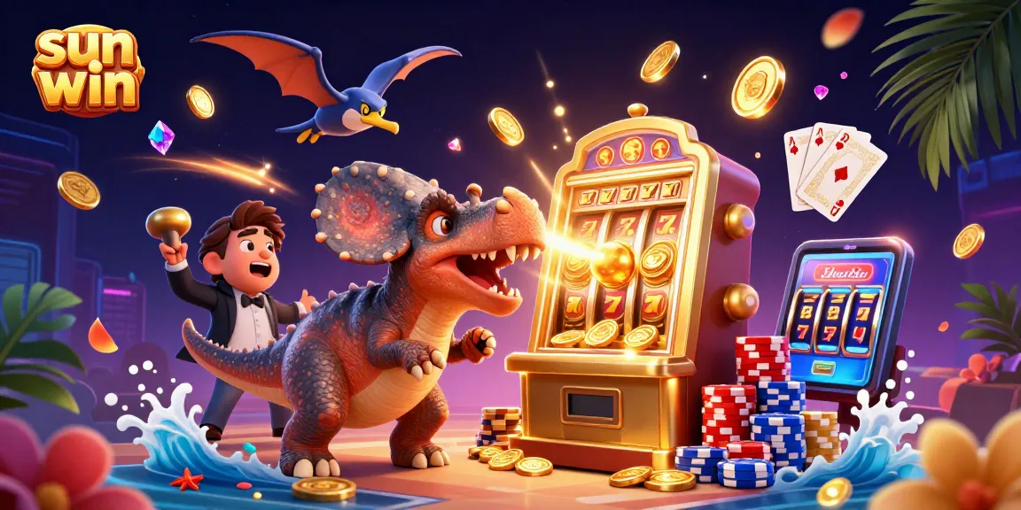 Engaging sun win scene with a dinosaur winning at a slot machine, captivating casino elements.