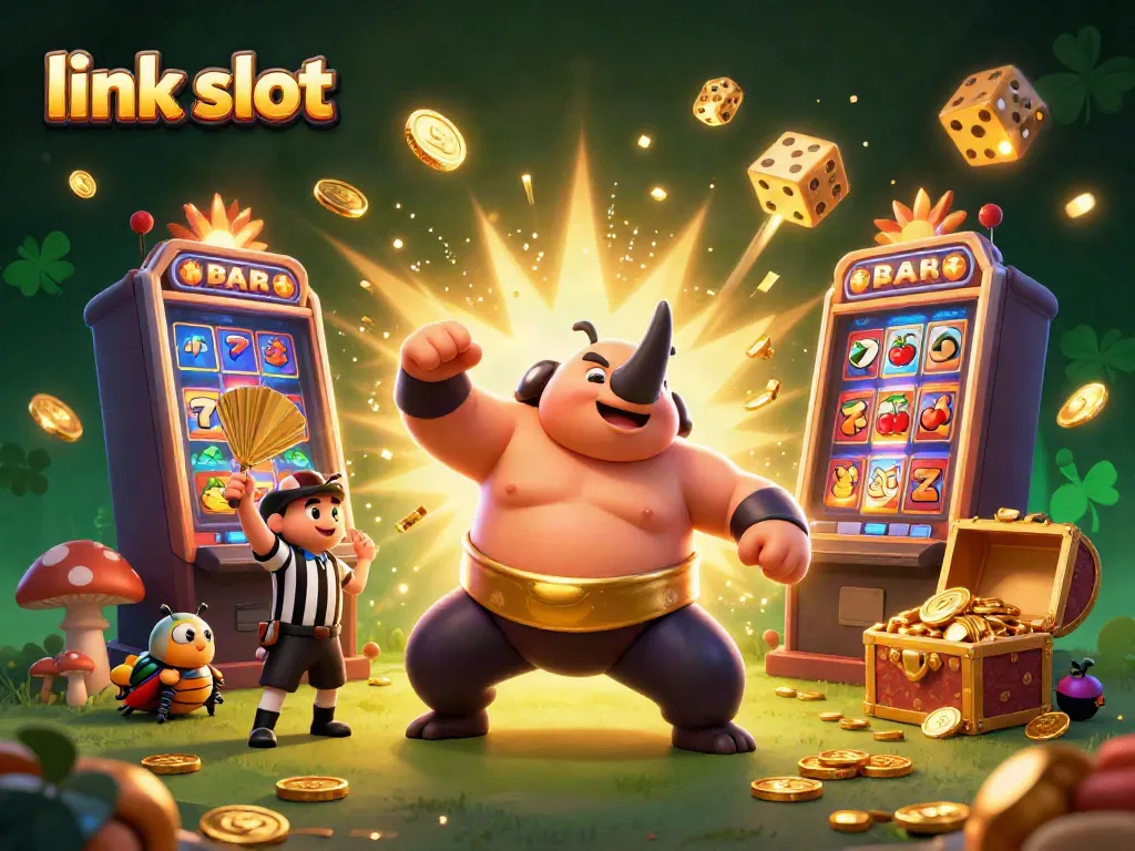Celebrate the excitement of winning with the vibrant link slot illustration featuring a dynamic scene of a beetle champion.