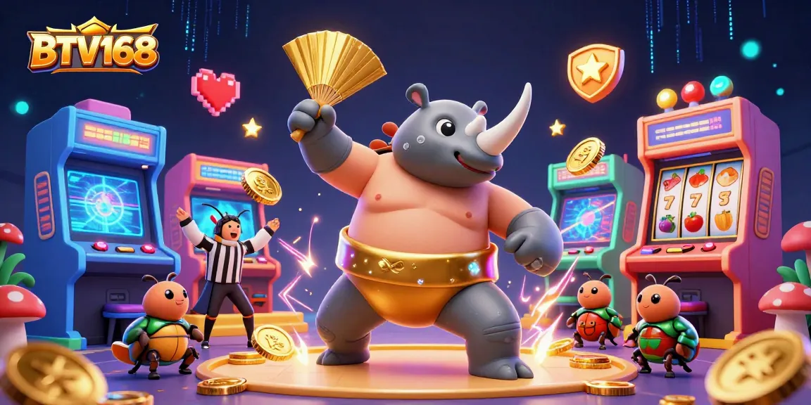BTV168 gaming scene featuring a beetle sumo champion amidst flying coins, neon arcade machines, and slot elements.