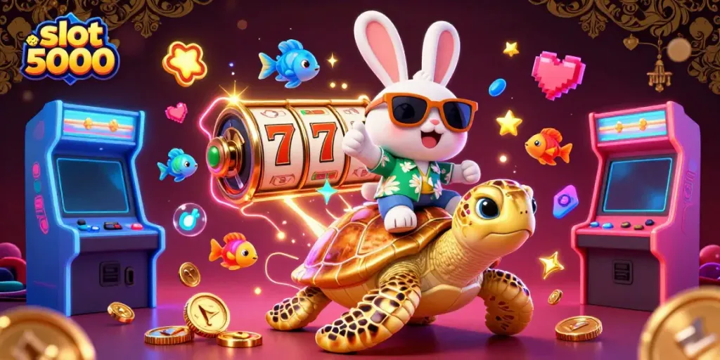 Experience the excitement of slot 5000 with a cartoon rabbit and sea turtle amidst vibrant casino elements.