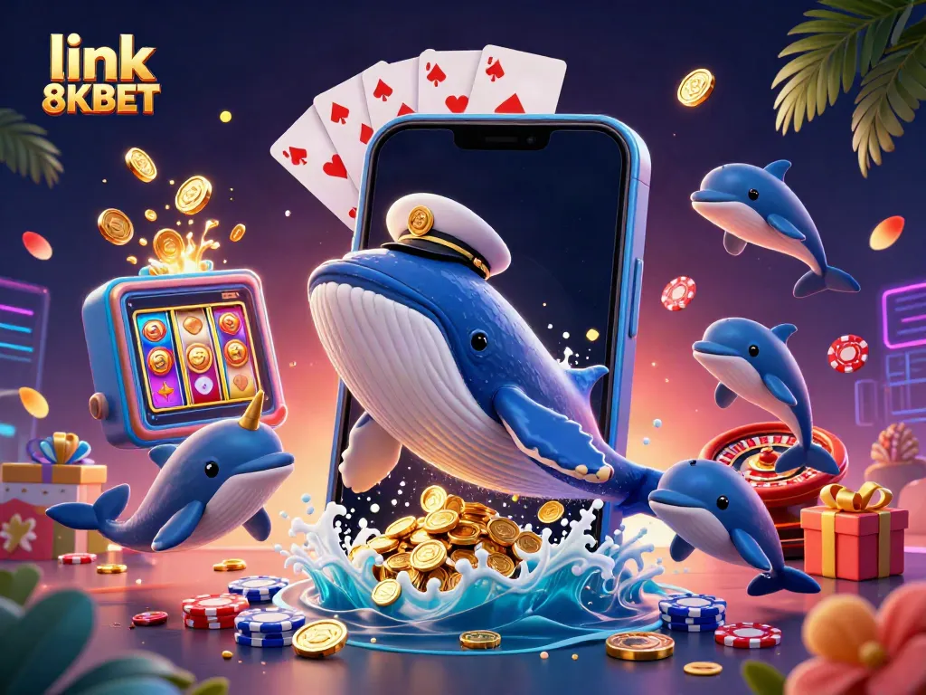 Experience winning strategies at link 8KBET as a colorful whale breaching through casino coins and playful dolphins.