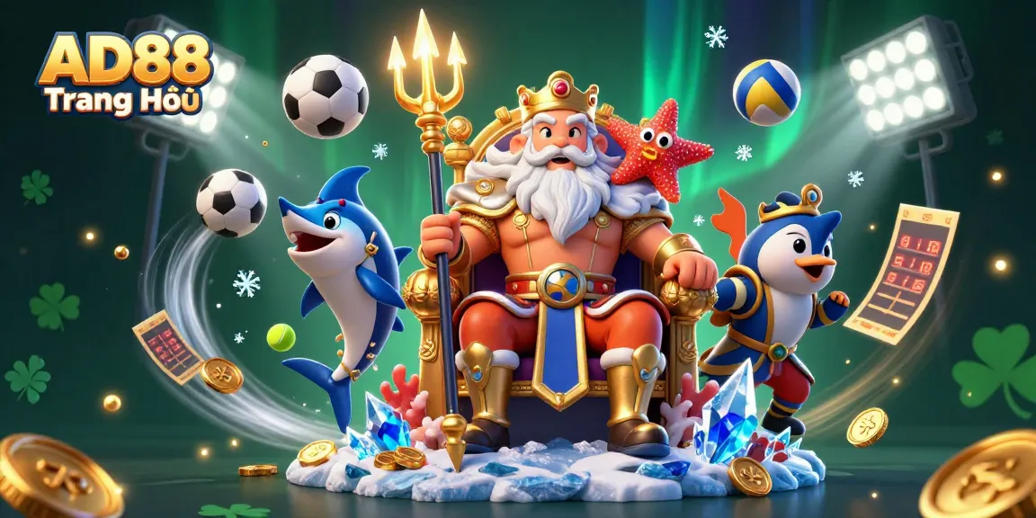 Engage with AD88 Trang Chủ through thrilling casino scenes featuring Neptune, sports elements, and vibrant effects.