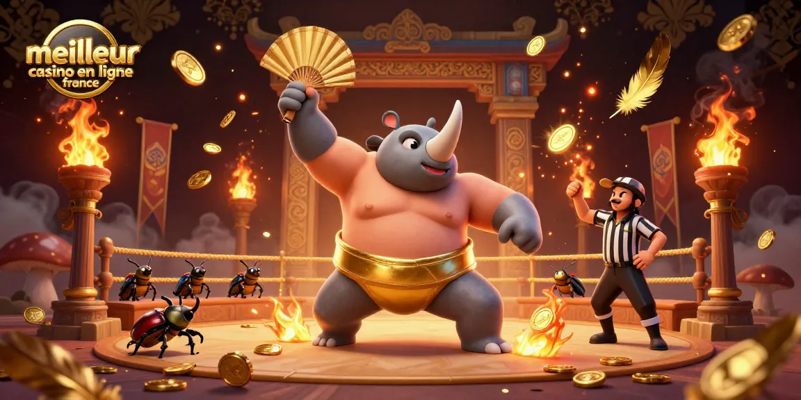 Illustration d'un rhinocéros sumo chez le meilleur casino en ligne France, avec une ambiance dynamique et festive.