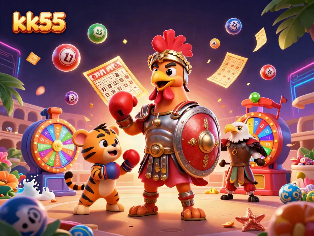 Experience the excitement of winning at kk55 with vibrant lottery symbols and engaging casino characters.