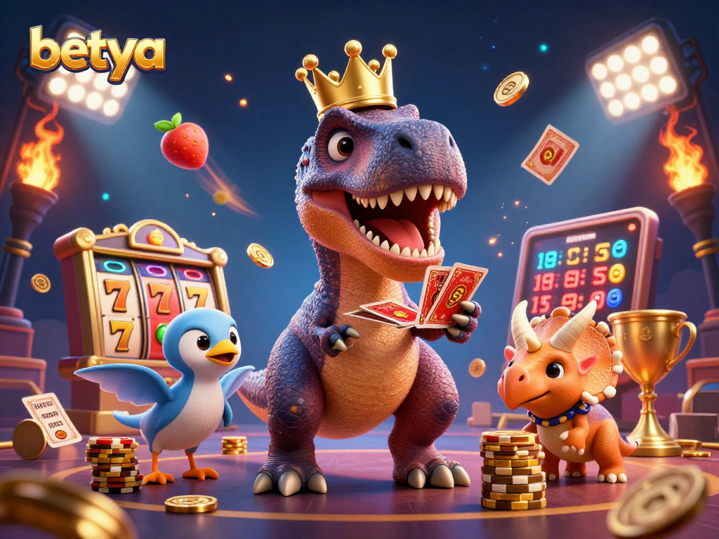 Betya's colorful betting scene features a T-Rex, pterodactyl, and triceratops in action.