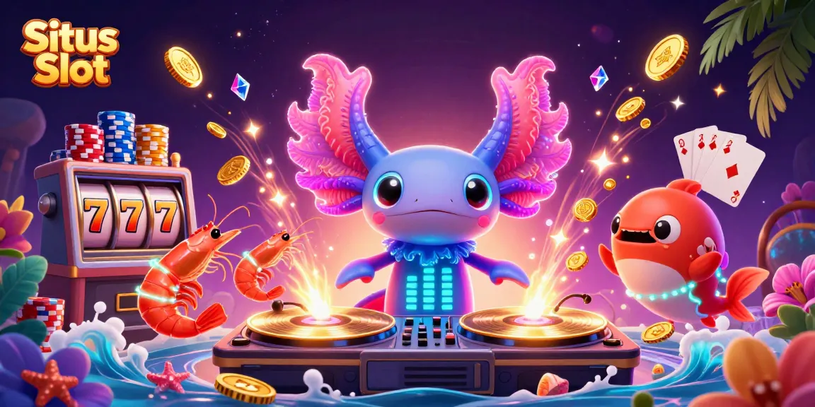 Situs Slot gameplay illustration showcasing a vibrant axolotl DJ, shrimp dancers, and winning elements.