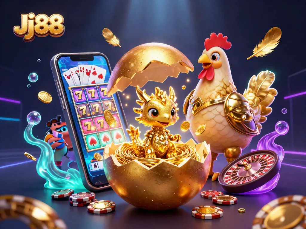 Spin the reels in vibrant Jj88 slot games featuring golden dragon and poker chips.