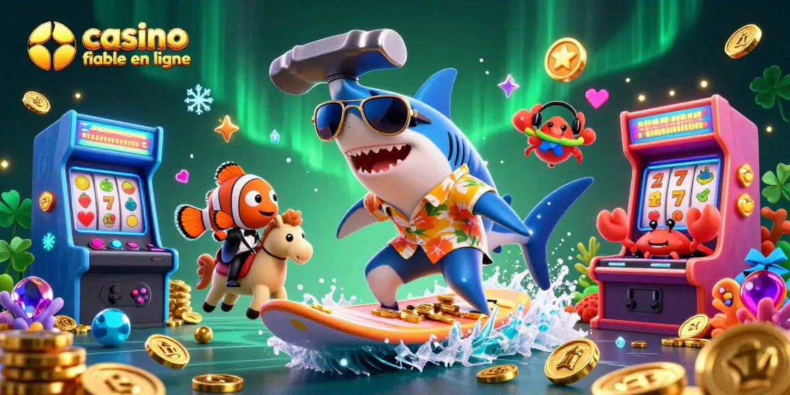 Jouez sur un casino fiable en ligne avec un requin joueur sur une vague de pièces d'or et des éléments colorés autour.
