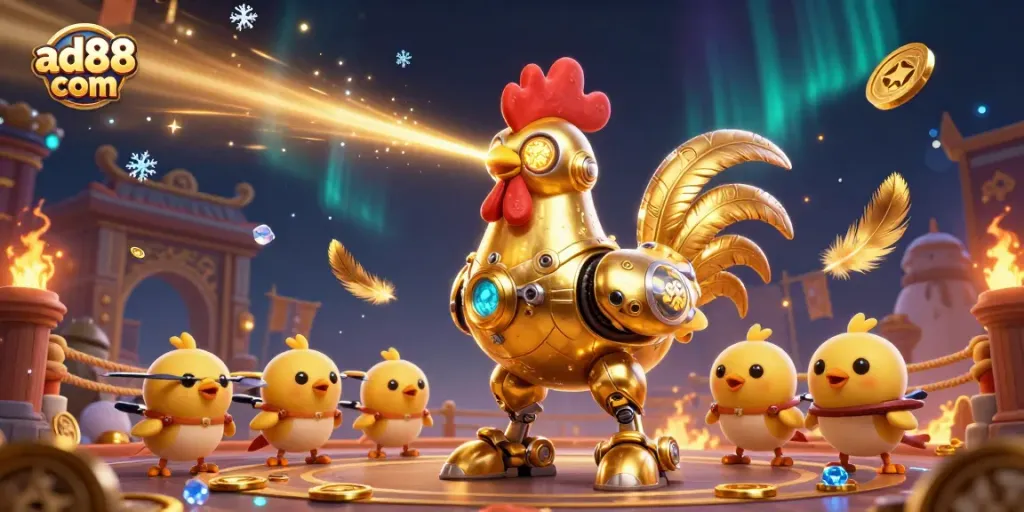 Engage with ad88 com's thrilling 3D casino adventure featuring a golden rooster robot and baby chick drones amidst swirling gold coins.