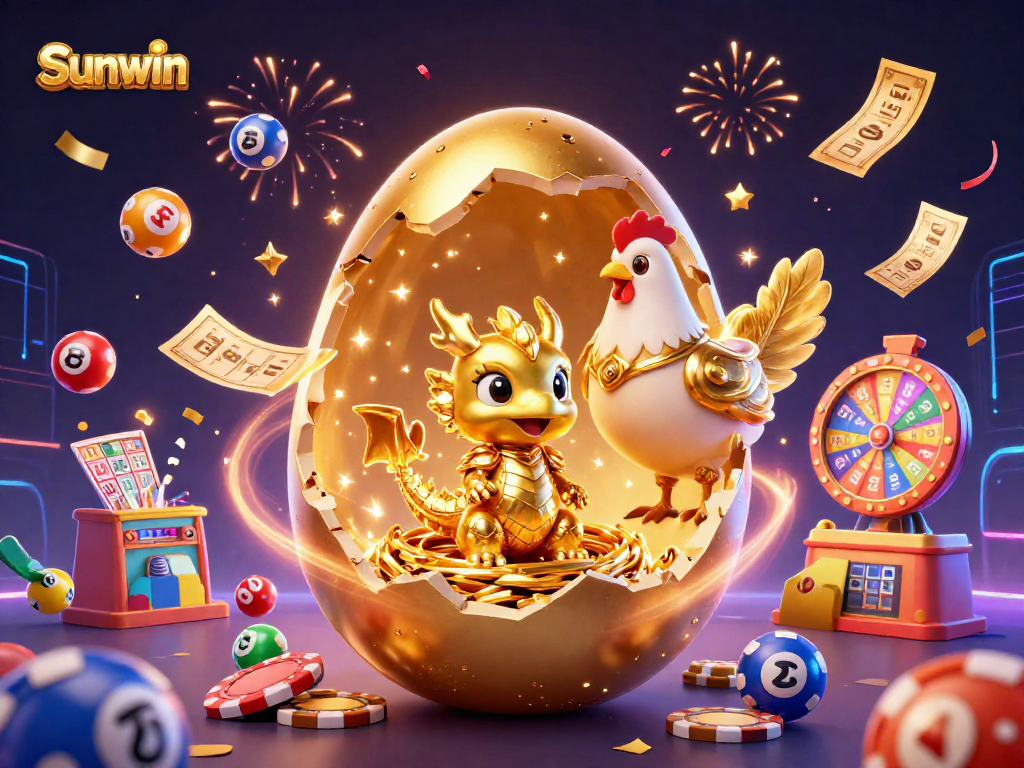 Experience the vibrant atmosphere at Sunwin with this lively golden dragon and dynamic lottery elements.
