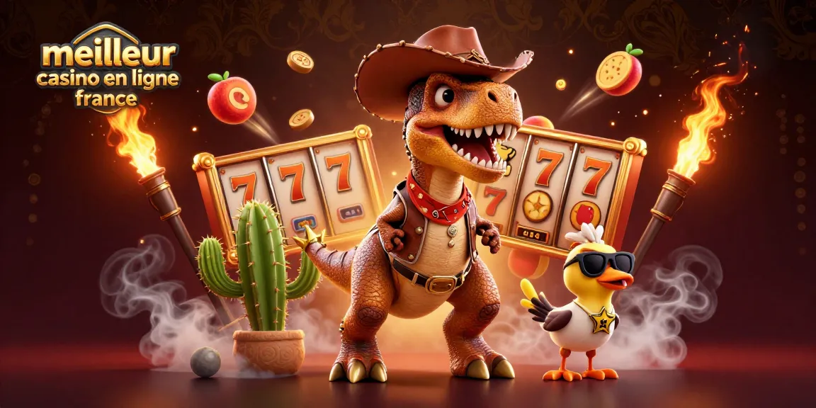 Célébrez le meilleur casino en ligne France avec une scène animée de T-Rex et des machines à sous.