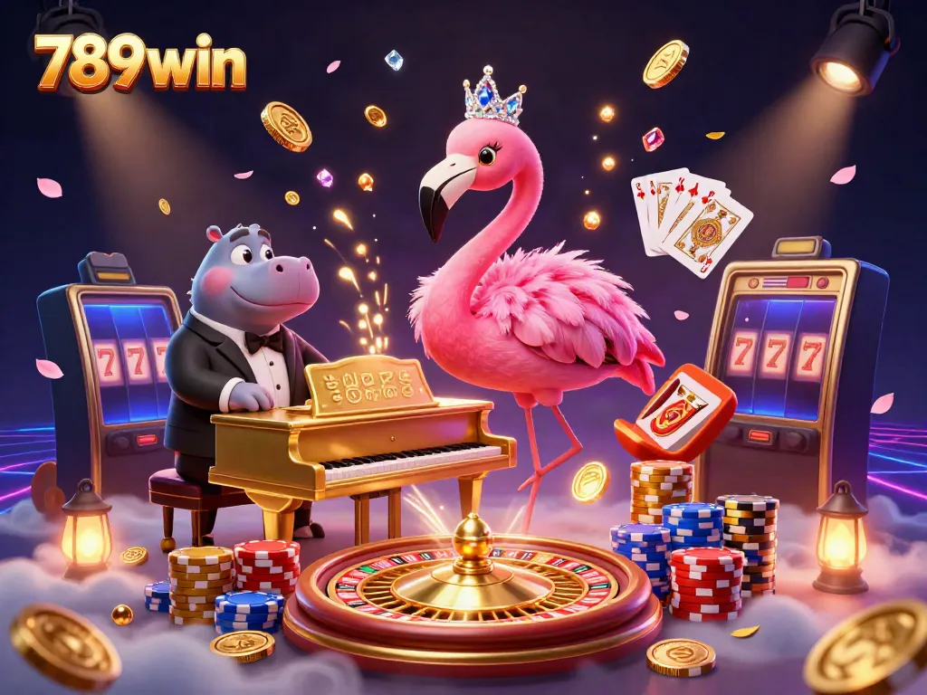 Experience the vibrant scene of 789win featuring a flamingo singer and hippo bassist amidst festive casino elements.
