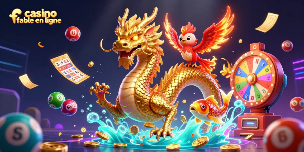 Illustration d'un dragon chinois doré, symbole de casino fiable en ligne, avec des éléments de loterie et des pièces volantes.