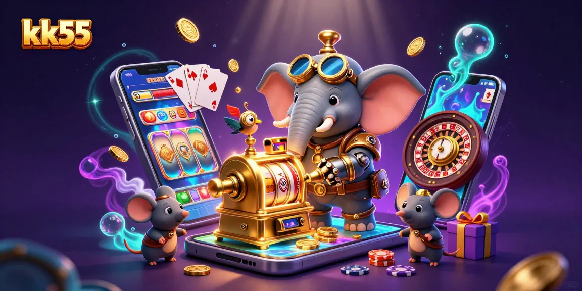 Play engaging slot games at kk55 with steampunk characters and vibrant casino elements.