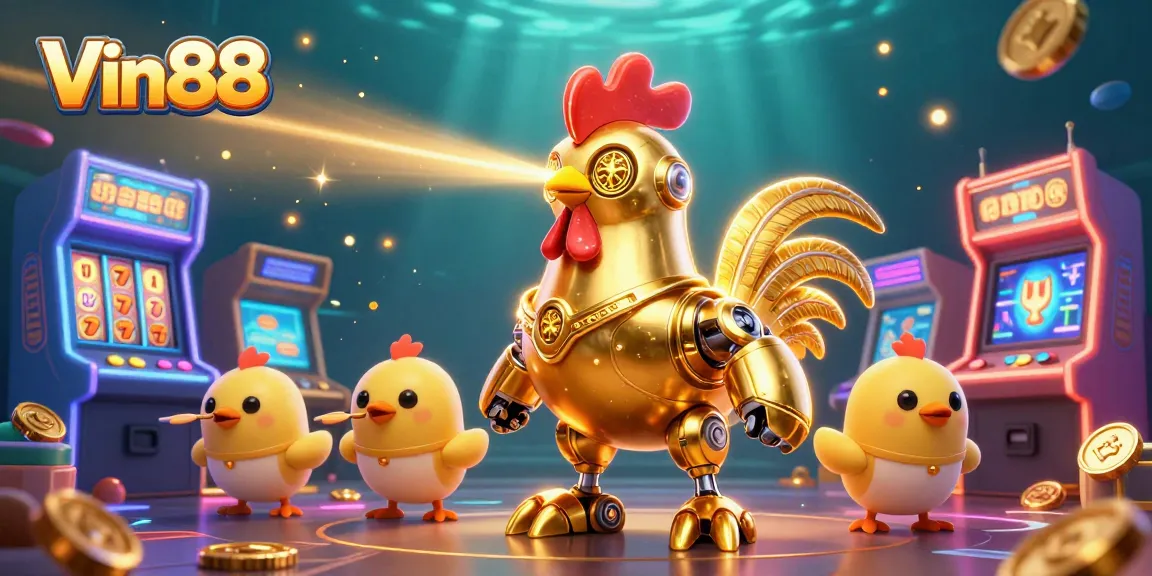 Experience excitement at Vin88 with a retro futuristic golden rooster shooting lasers amidst vibrant slot machines.
