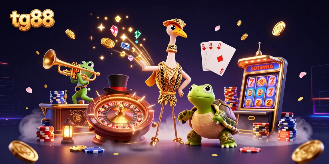 Play lucky games at tg88, featuring vibrant casino characters and dynamic elements of joy and luck.