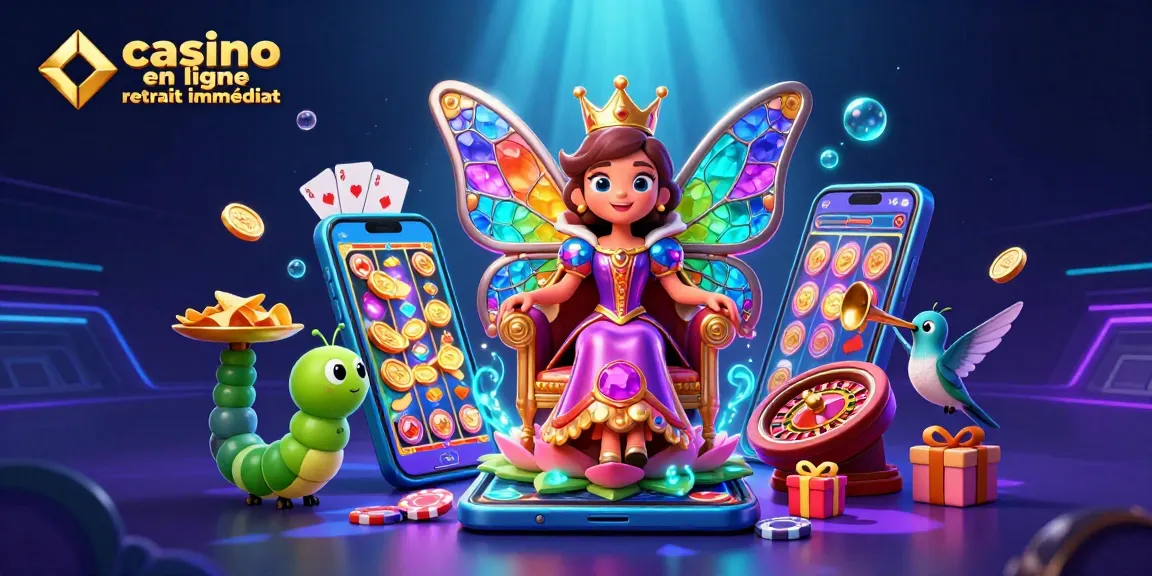 Découvrez un casino en ligne retrait immédiat avec une illustration fantaisiste mettant en scène des personnages de casino et des éléments de jeu.