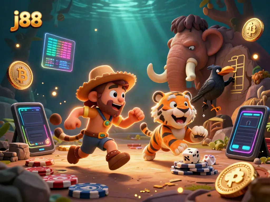 Experience j88 with excitement in a prehistoric casino featuring unique characters and vibrant gaming elements.
