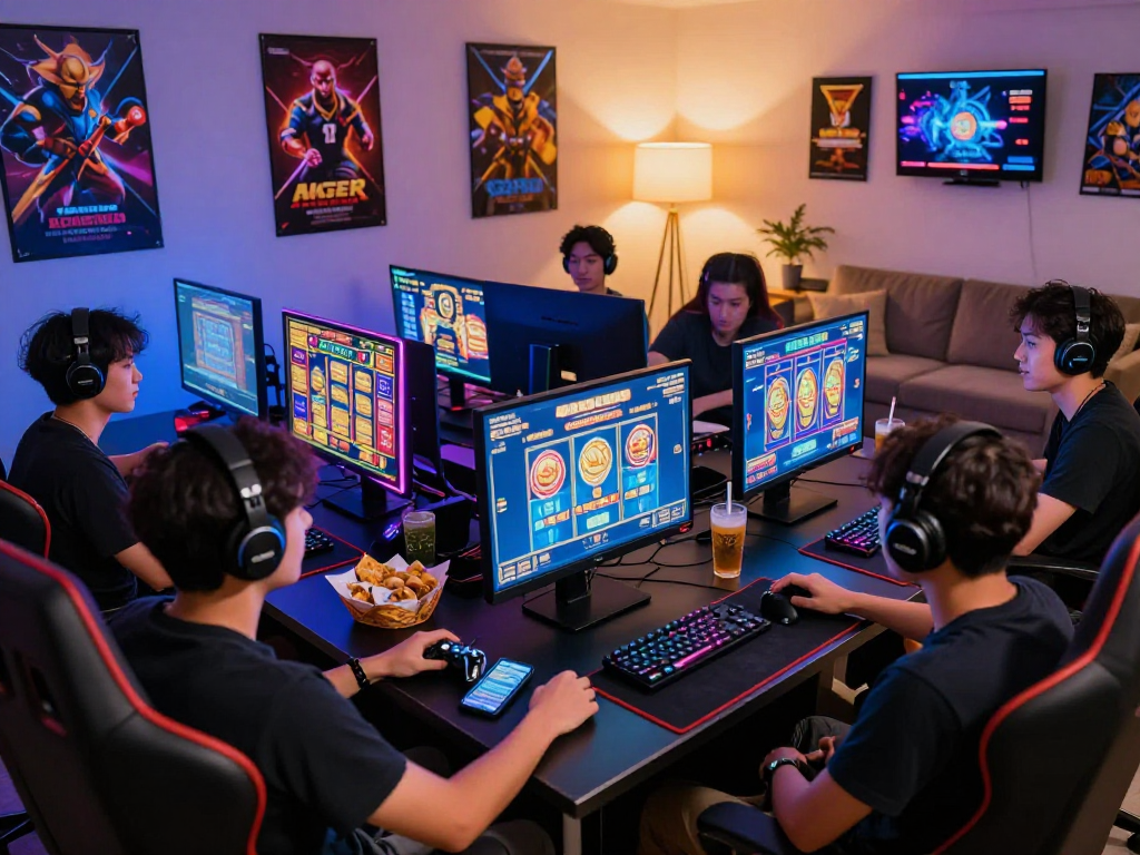 Enthusiastic players enjoying slot gacor in a vibrant gaming setup with modern décor.