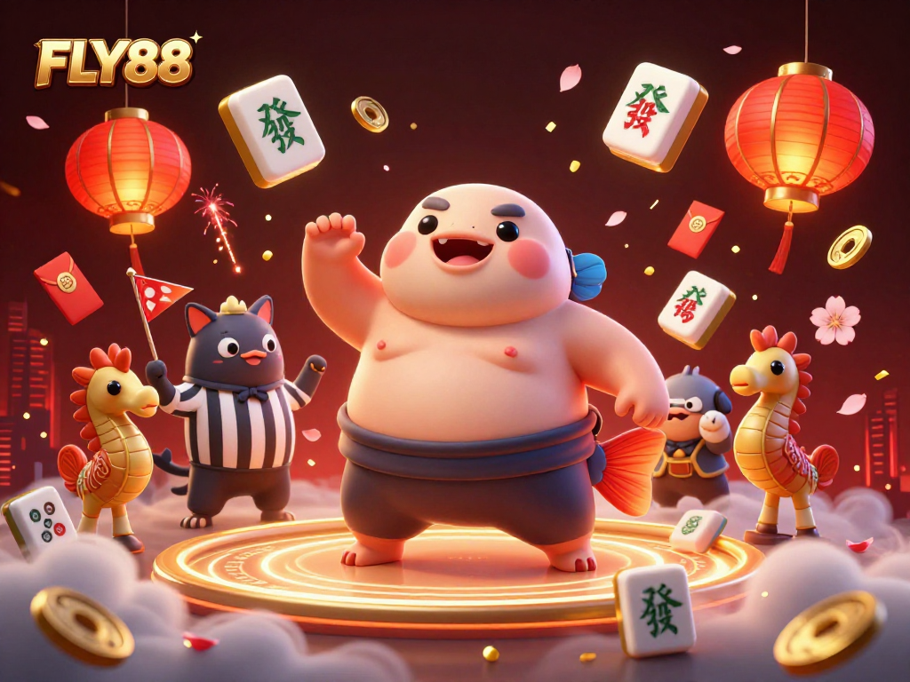 Experience the excitement of FLY88 with dynamic casino elements and engaging characters in a vibrant illustration.