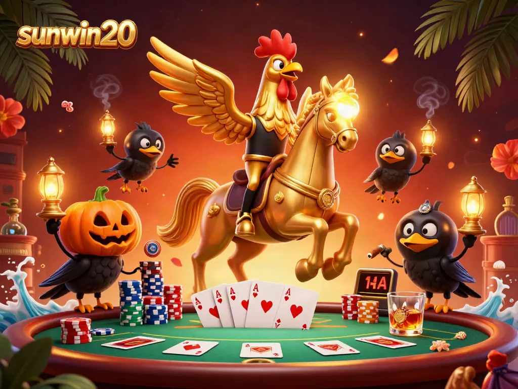 Experience the thrill of sunwin20 with a golden rooster in a vivid casino scene.