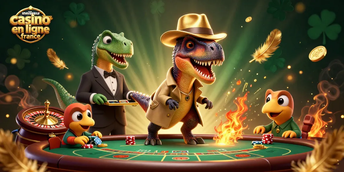 Rassemblement autour du meilleur casino en ligne France avec un velociraptor au blackjack et un pit boss méfiant.