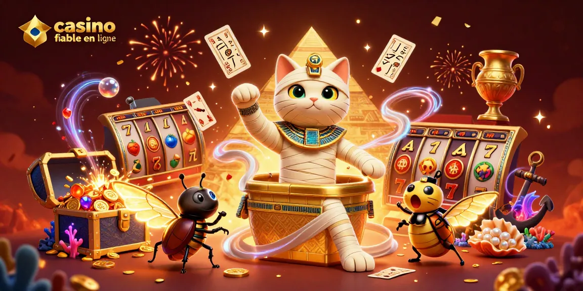 Découvrez une illustration dynamique représentant un casino fiable en ligne avec un chat momie égyptien et des éléments de jeux.