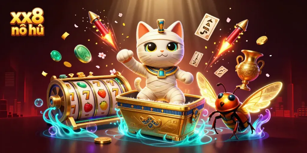 Experience the excitement of xx8 nổ hũ with a dynamic 3D casino scene featuring a mummy cat and jackpot reels.