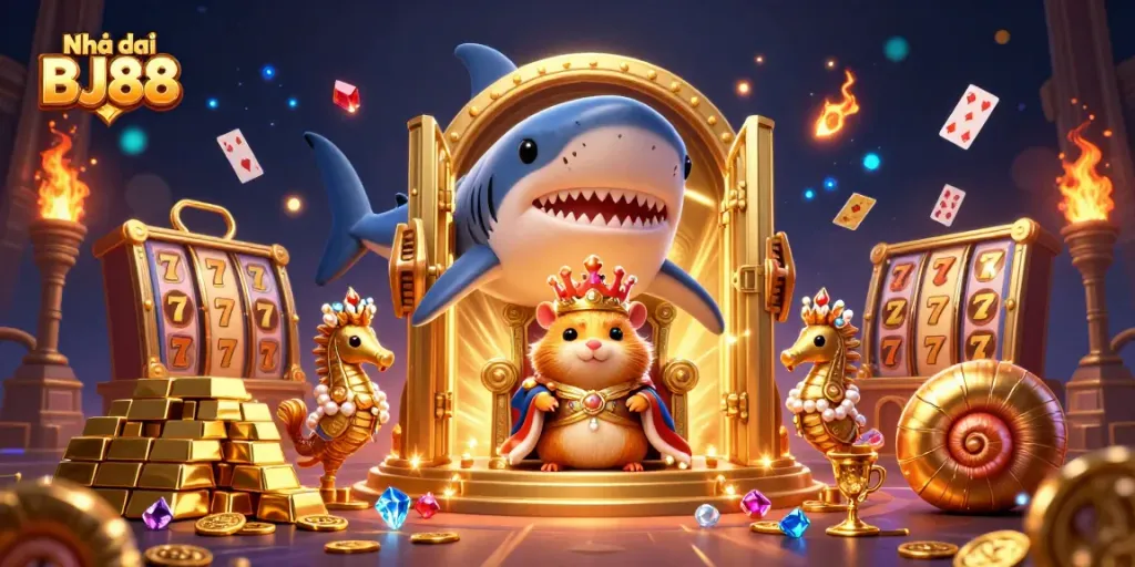 Engage with Nhà cái BJ88 and immerse in rich casino scenes featuring vibrant characters and treasures.