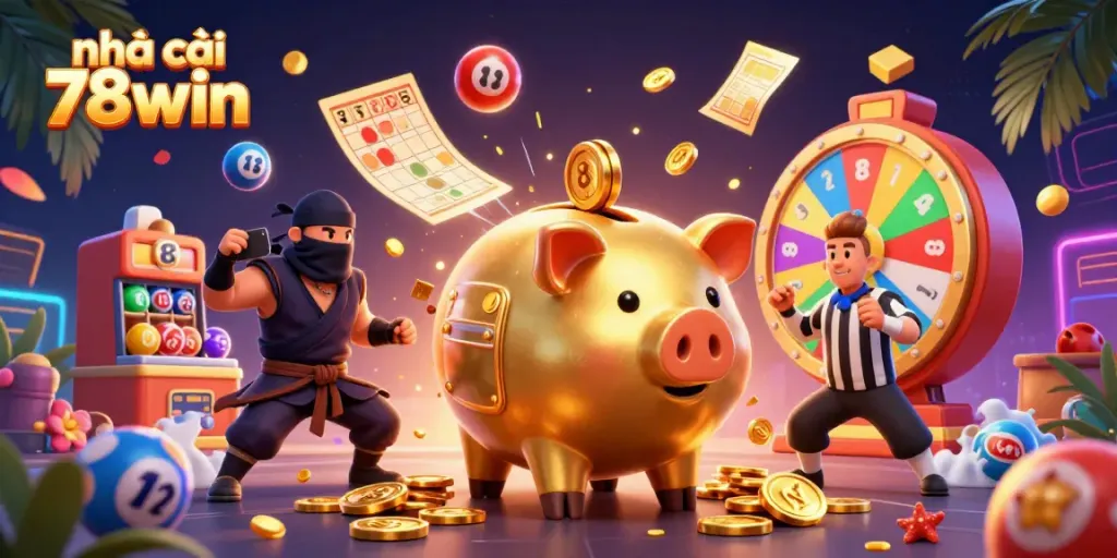 Engaging scene featuring nhà cái 78win and a golden piggy bank sumo wrestler amid a vibrant casino world.