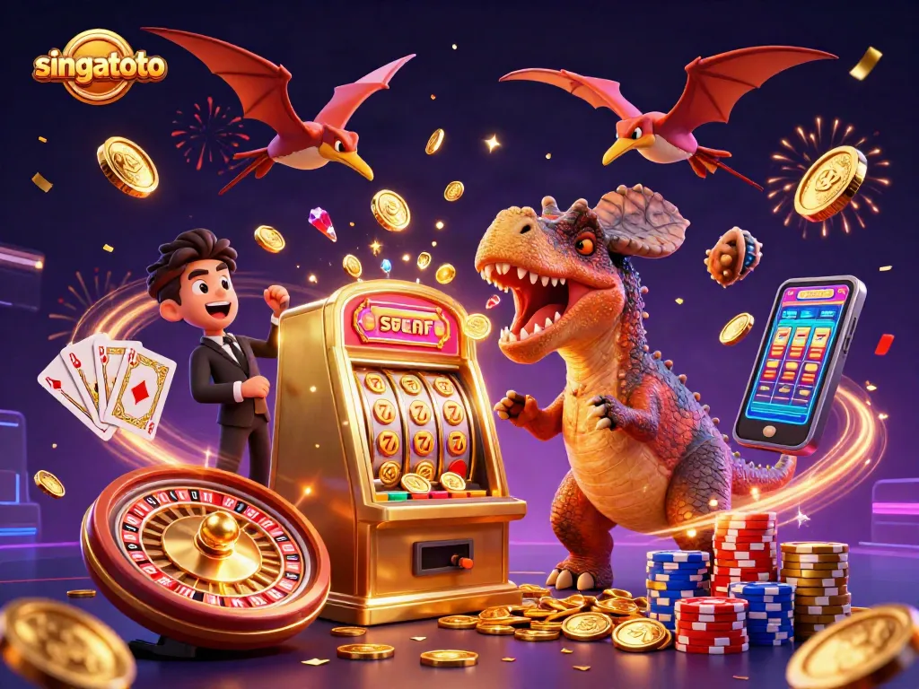 Experience singatoto action as dinosaurs celebrate jackpot wins amid cascading coins and cards.