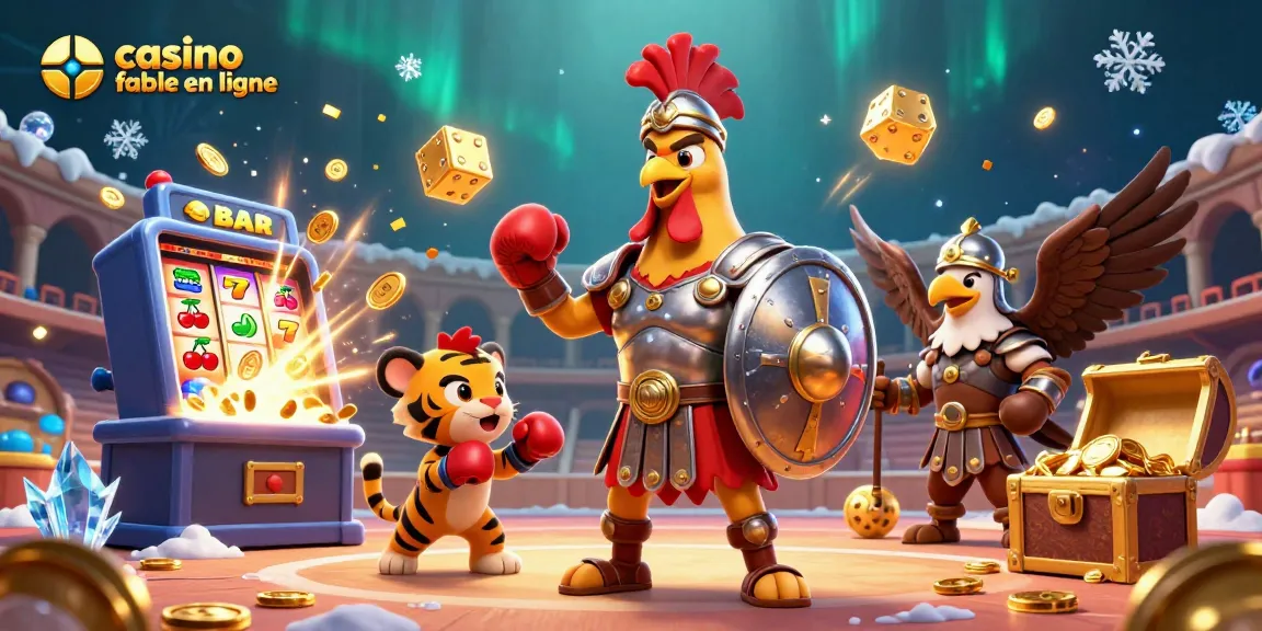 Visualisez une scène dynamique de casino fiable en ligne avec un coq gladiateur et des éléments riches de jeux d'argent.
